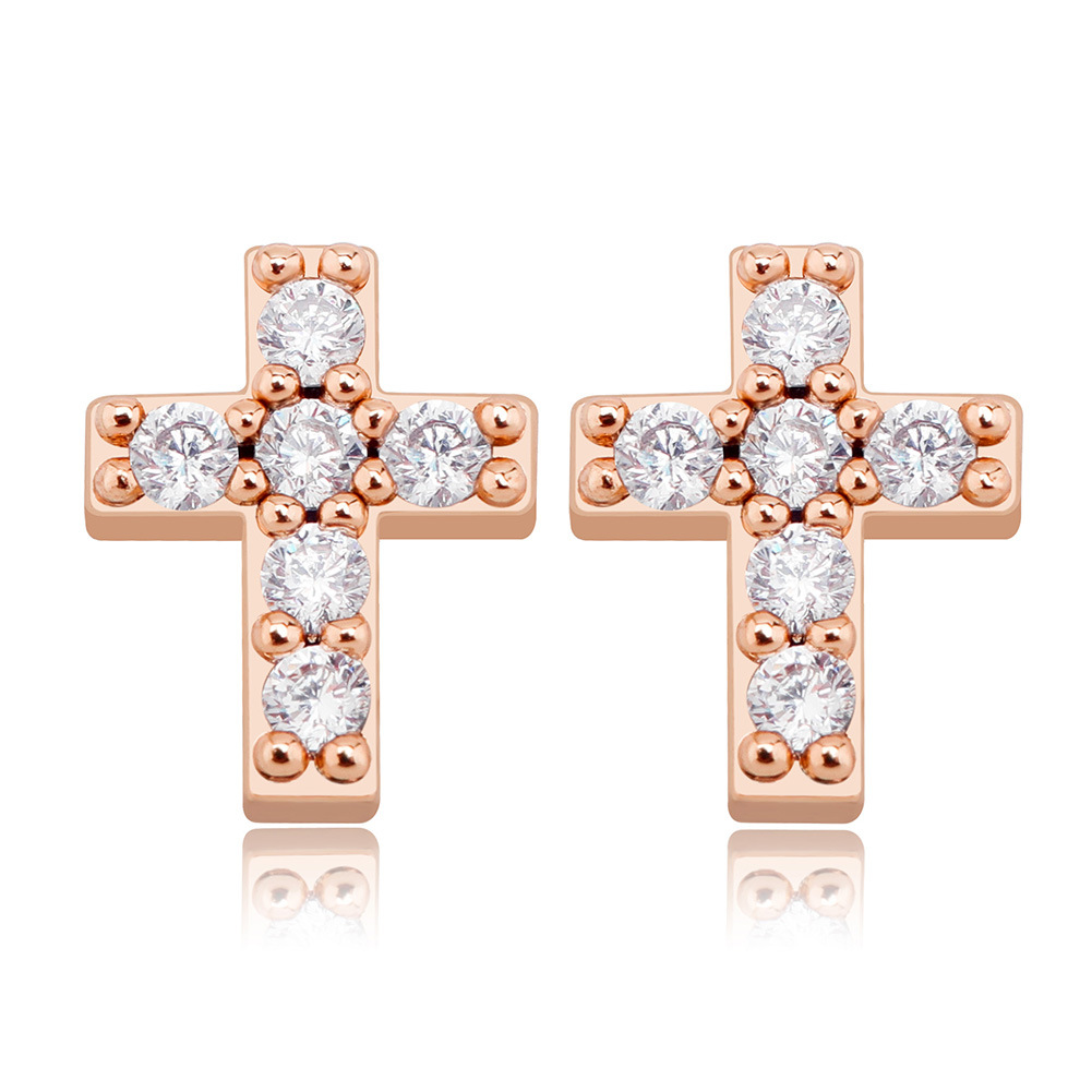 Hip Hop Charm Cross Stud Earring Bling 18K Real Gold Plated 925 Sterling Silver Prevent Allergy Earrings for Women Gift