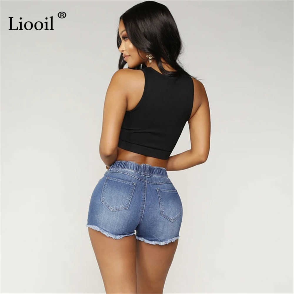 Liooil Sexy Ripped Skinny Denim Shorts With Pockets Women Summer Streetwear High Waist Distressed Bodycon Hole Jean Shorts 210625