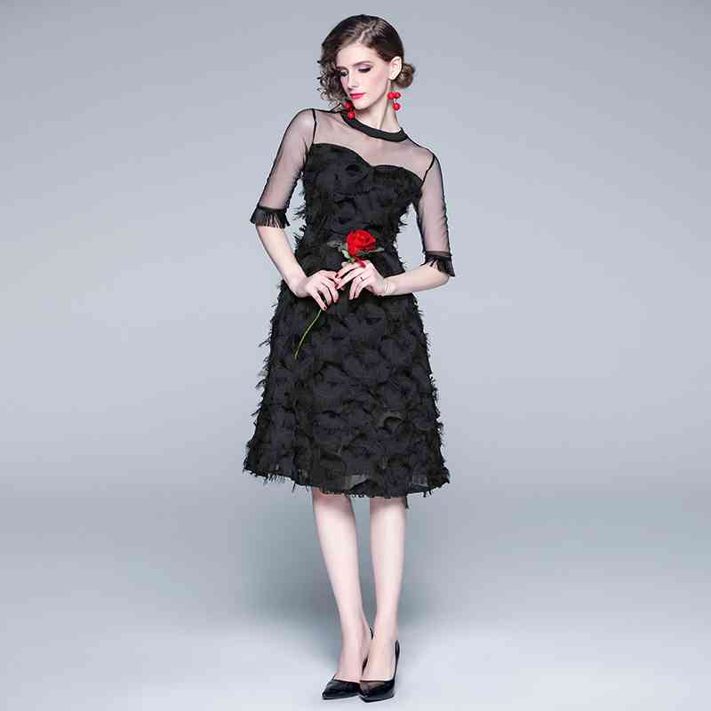 Womens Autumn Elegant Mesh Patchwork Tassels Feather Black Sexy Slim Vintage Casual Office Party Dress Vestidos 210525
