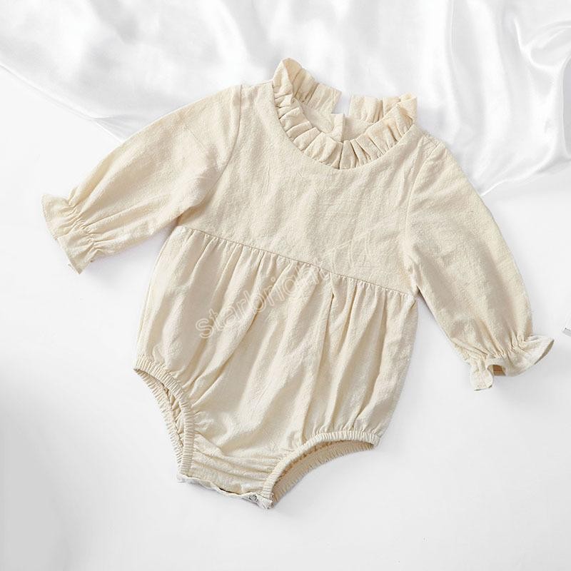 Newborn Long-Sleeved Cotton And Linen Baby Romper Solid Color Flying Sleeve Ruffled Neckline Infant Jumpsuit Clothing