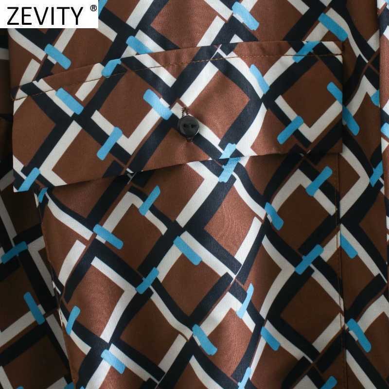 Zevity Women Vintage Contrast Color Geometric Print Breasted Shirt Mini Dress Ladies Pocket Patch Chic Sashes Vestido DS4762 210603