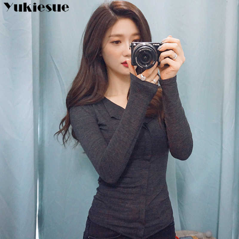 harajuku tops & tees for women sexy V-neck female T-shirt women's slim skinny long sleeve club t ladies T-s 210608