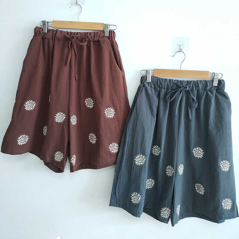 Women's Shorts Summer Fashion Casual Loose Cotton Linen High Waist Harem Short Pants Embroidery Wide for Women 210714