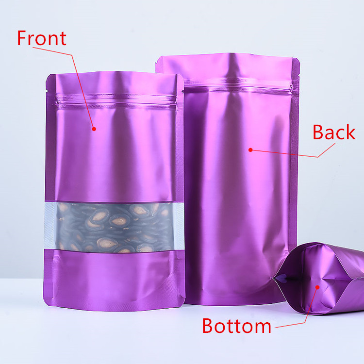 100pcs Stand up Matte Purple Window Zip Lock Aluminum Foil Bag Resealable Meat Coffee Powder Snack Nuts X-mas Wedding Gifts Heat Sealing Packaging Pou