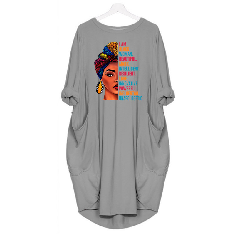 100% Cotton Fashion Pocket Dress For Women Pocket I Am Black Woman Beatiful Letters Print Dresses Women Top Female Tops Off The 210303