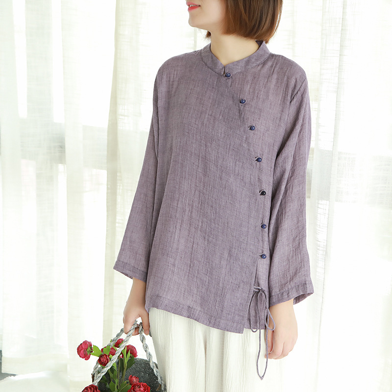 Johnature Chinese Style Women Stand Shirts Button Seven Sleeve Autumn Blouses Solid Color Belt Women Vintage Shirts Top 210308