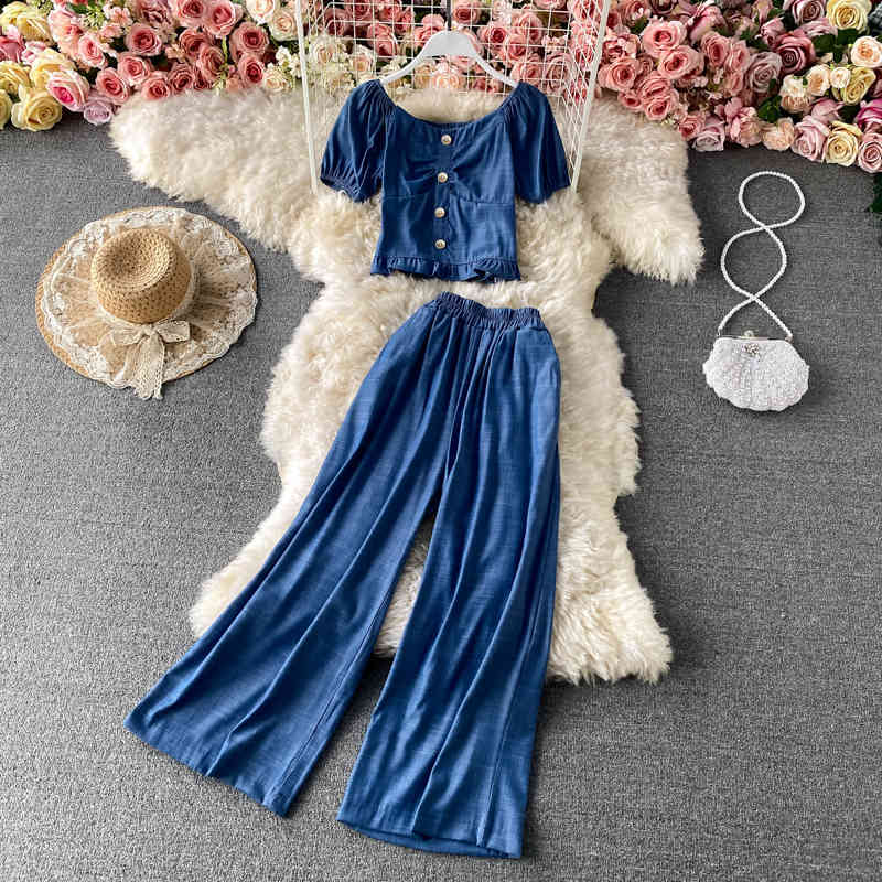 Blue Puff sleeve Elastic Cropped Tops and Elegant Wide leg Pants 2 piece Trousers Sets Women Fashion Imitation cowboy Casual Set 210525, Sky blue
Blue Puff sleeve Elastic Cropped Tops and Elegant Wide leg Pants 2 piece Trousers Sets Women Fashion Imitation cowboy Casual Set 210525, Sky blue