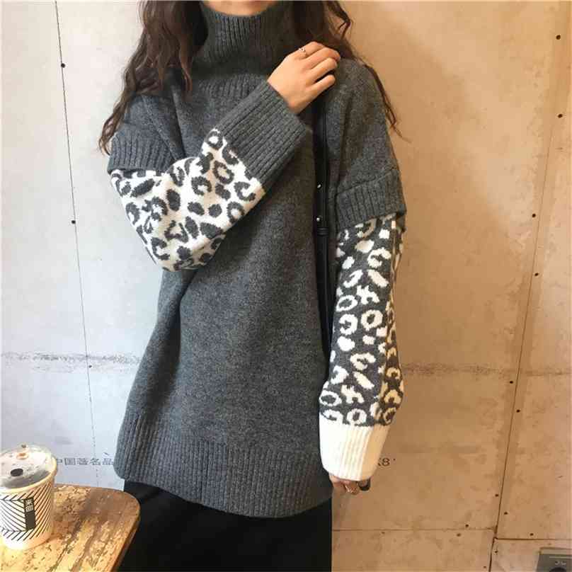 Retro Leopard Patchwork Chic Turtleneck Knit Women Loose Lady Elengant Gnetle OL Stylish Female Sweaters 210525, Grey 
Retro Leopard Patchwork Chic Turtleneck Knit Women Loose Lady Elengant Gnetle OL Stylish Female Sweaters 210525, Grey