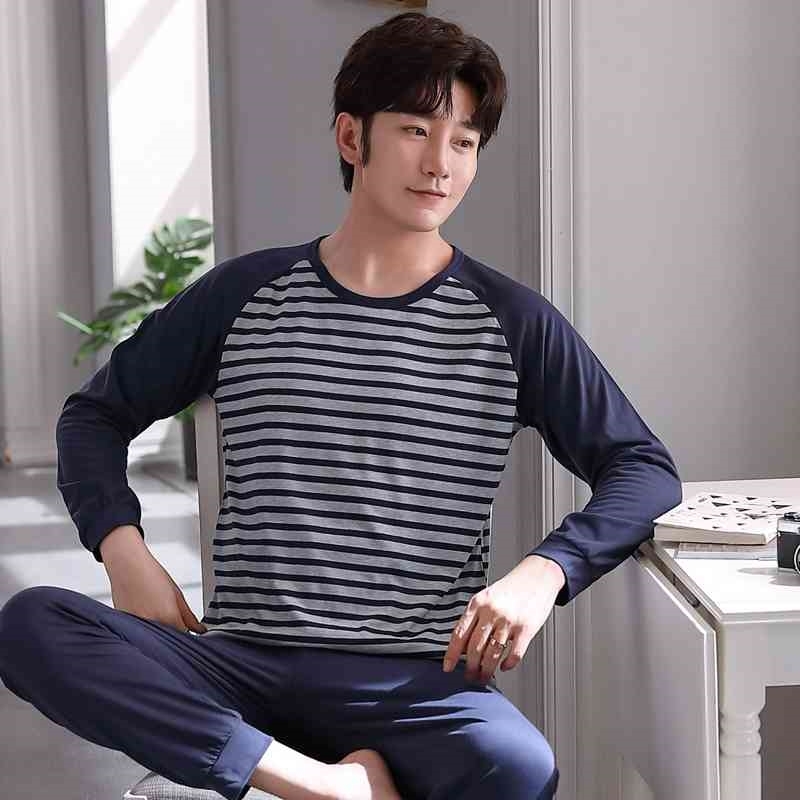 Men's Pajama Sets Autumn Winter Warm Men Sleepwear Set Long Sleeve Cotton Pajamas for Men Elastic Waist Pant Leisure Outwear 210812