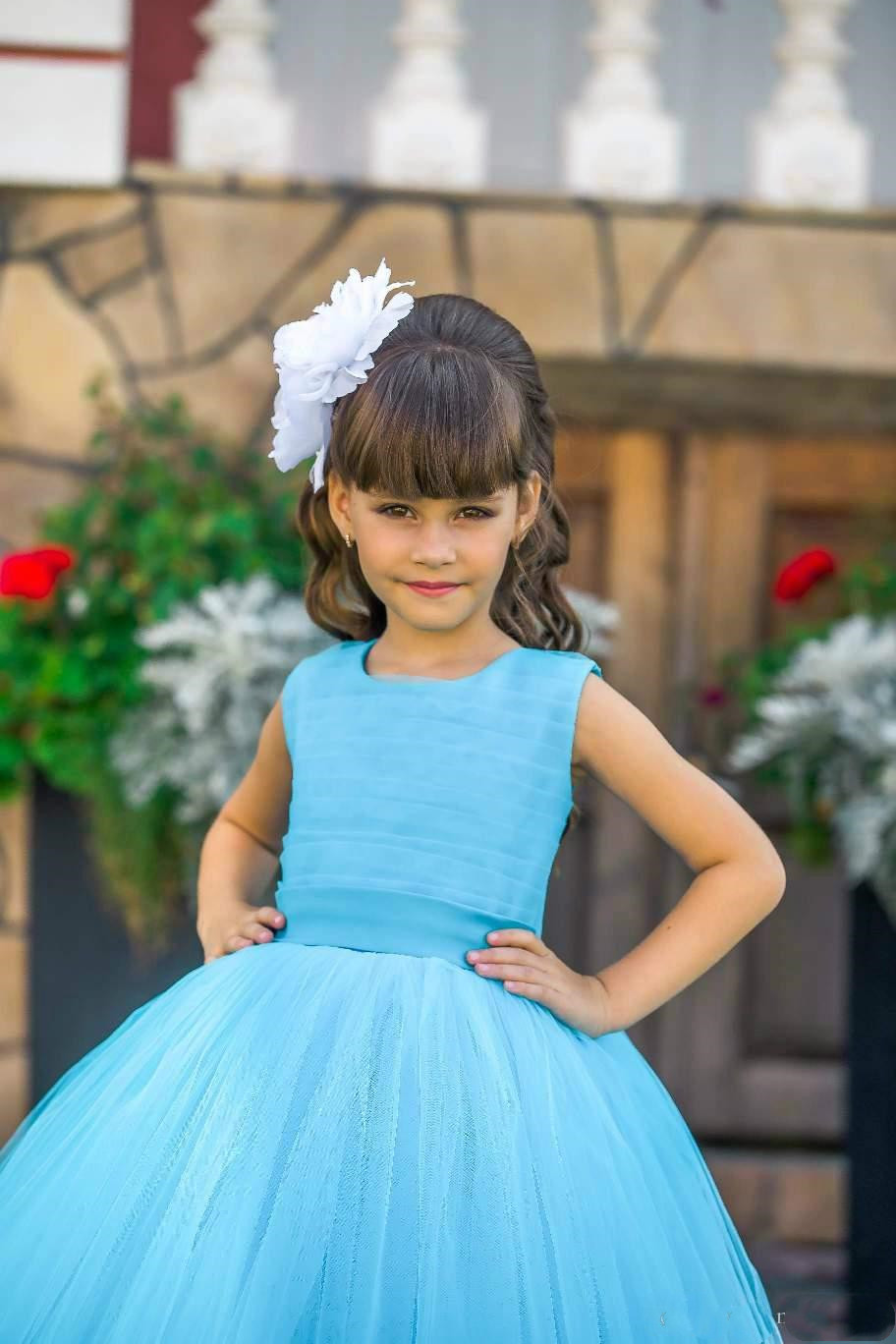 Arabic Simple Blue Flower Girl Dresses Crew Ball Gown Tulle Child Wedding Dresses Vintage Little Girl Pageant Dresses