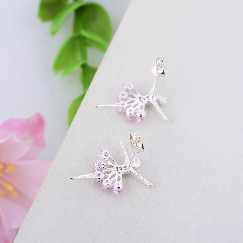 Authentic 925 Sterling Silver Pink CZ Dancing Girl Stud Earrings for Women Girls Fine Jewelry Gift Moda Bijoux