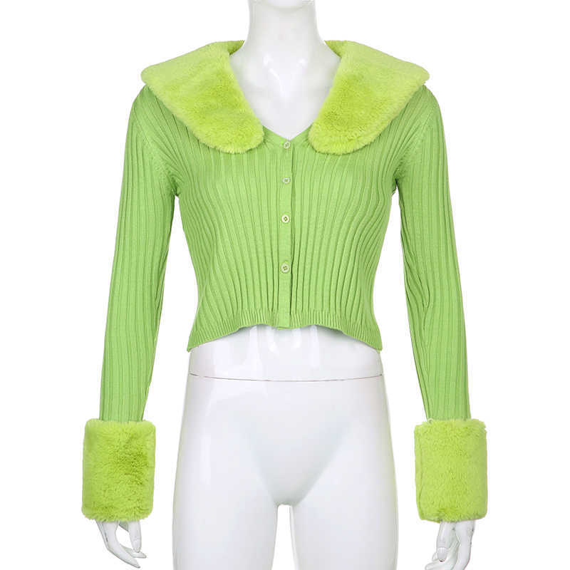 Sweetown Ribbed Knitted Ladies Cardigans Sweaters With Fur Trim Collar Long Sleeve Slim Autumn Winter Jumper Knitwear 210914