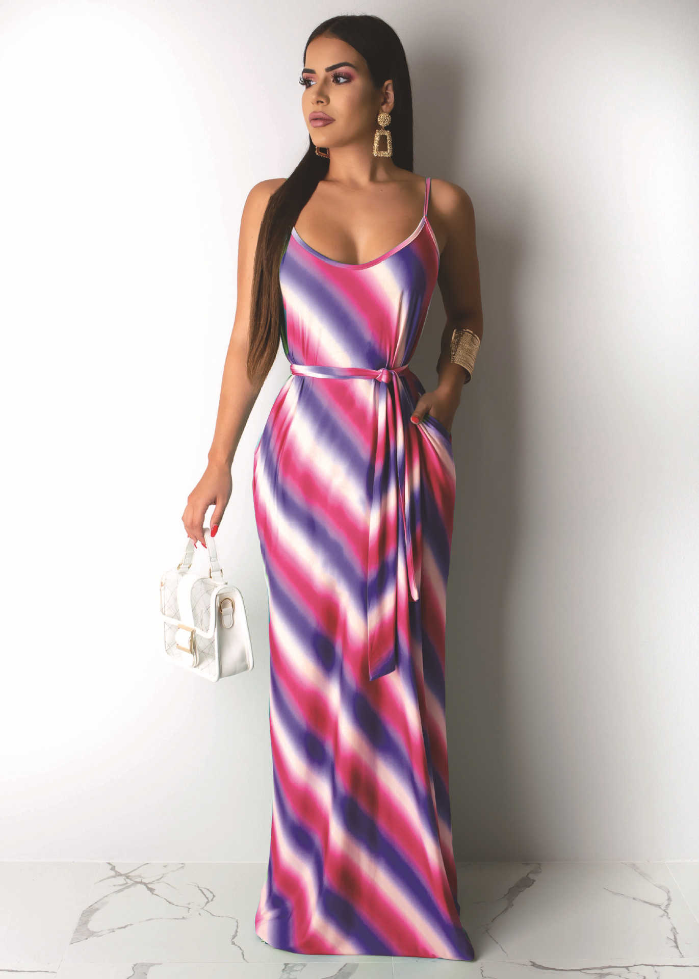 Women Spaghetti Strap Striped Belt Loose Style Maxi Dress 210702