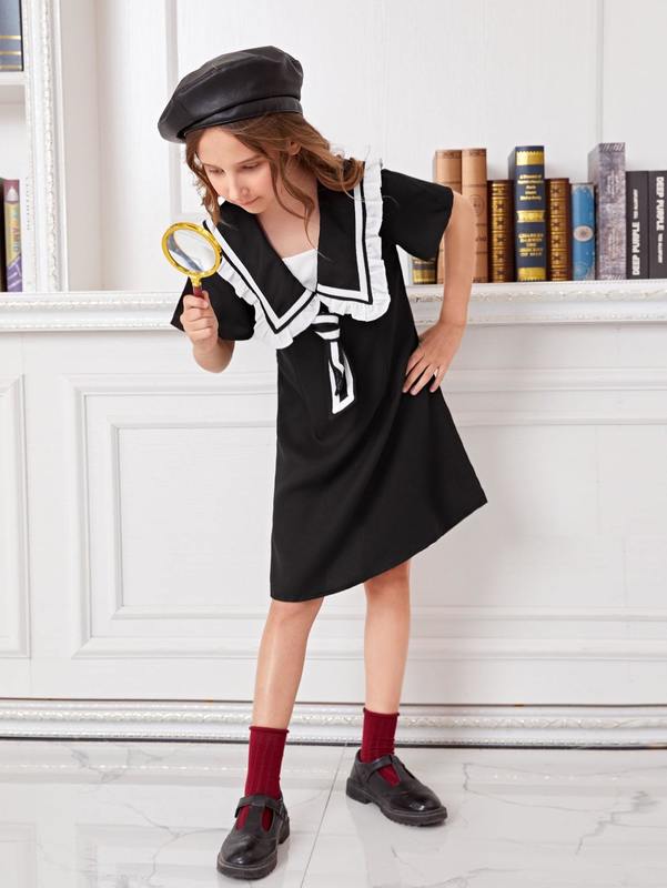 Girls Sailor Neck Tie Front Dress SHE