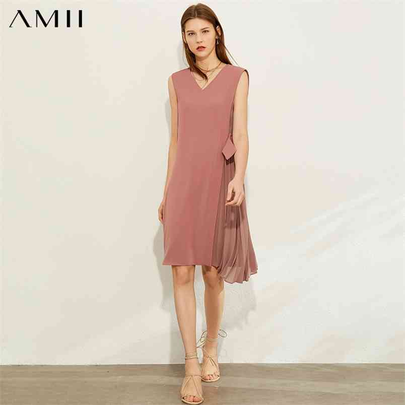 Minimalism Spring Summer Fashion Splice Pleated Dress Women Vneck Sleeveless Knee-length 12070255 210527