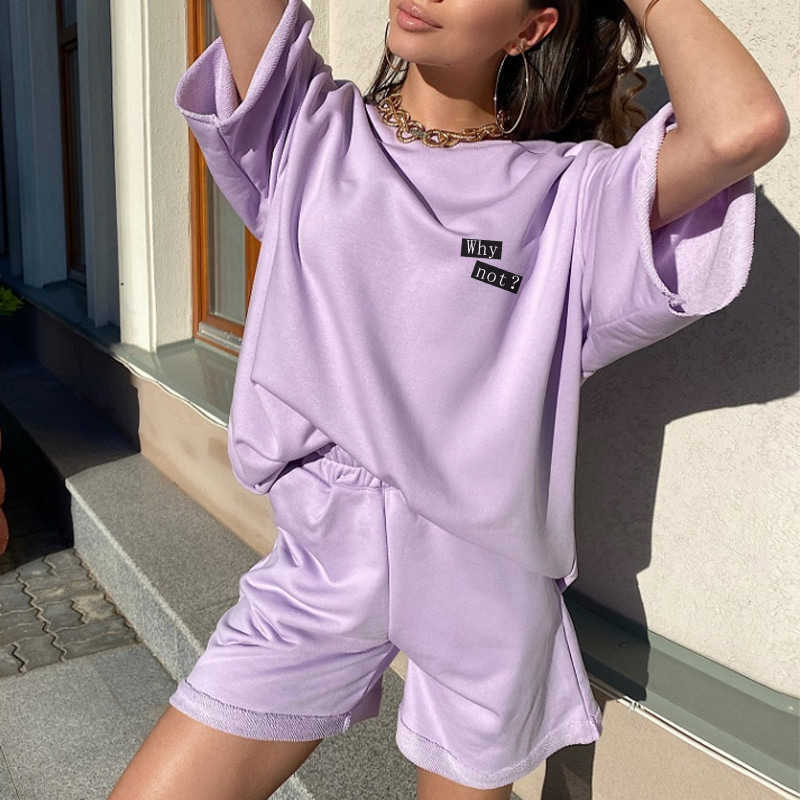 Letter Print Women Sportswear Two Piece Sets Casual T-shirt Shorts Tracksuits Suit Summer Female Loungewear Outfits 210709