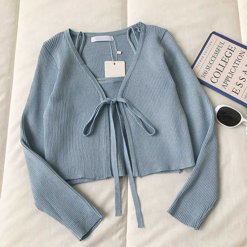 Kimutomo Casual Fasion 2 Piece Set Women Solid V-neck Long Sleeve Lace Up Short Knitted Cardigan and Camis Knitwear Elegant 210707
