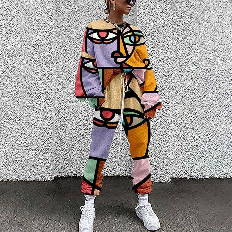 Women Tracksuit Two Piece Pullovers Cloting Long Sleeve Tie-dye Print Female Tops And Elastic Waist Pants Slim Casual Streetwear 210709