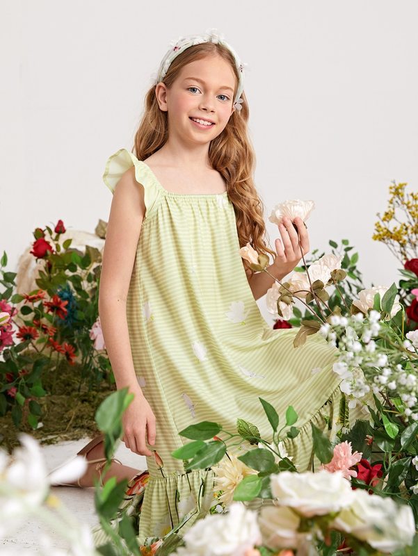 Girls Floral Armhole Ruffle Hem Floral & Striped Smock Dress SHE