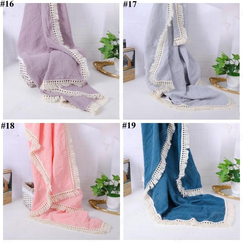 Baby Tassel Swaddling Blankets Newborn Muslin Windscreen Shawl Solid Candy Lace Double Cotton Gauze Cover Kids Fringe Bath Towel Nursery Bedding 19 Co