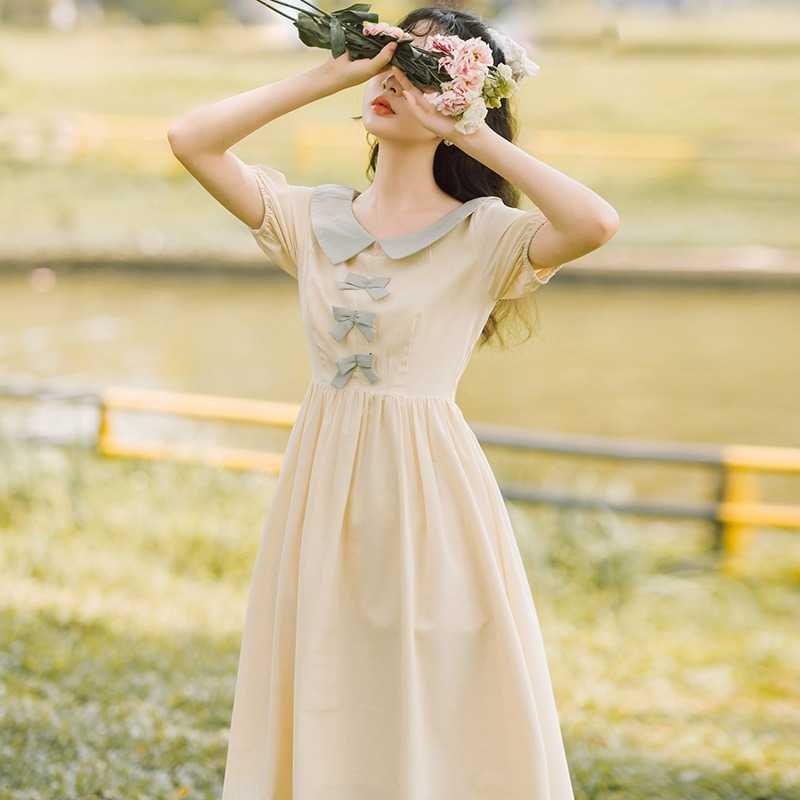 Summer Sweet Preppy Style Dresses for Women Bow Decoration Peter Pan Collar Elegant Fresh Silm Waist Vestidos 210525