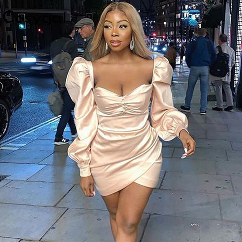 COSYGAL Ruched Autumn Bodycon Floral Printed Satin Dress Women Long Puff Sleeve Milkmaid Party Dress Vintage Winter Sexy Dress 201008