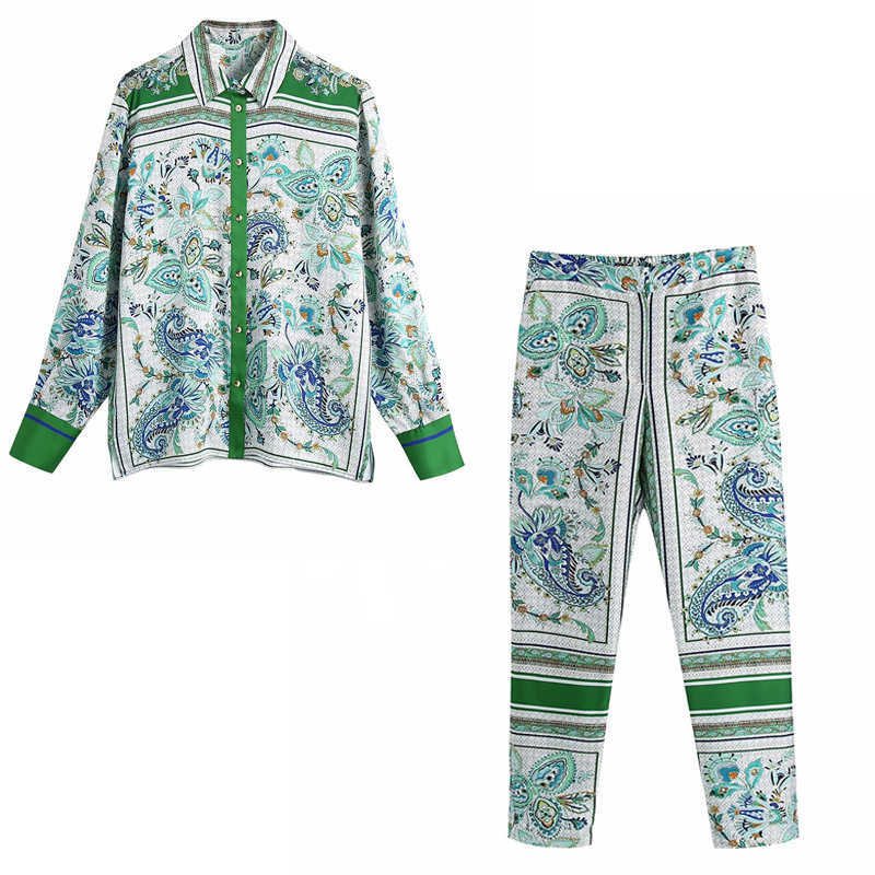 Two Piece Set Women Outfit Za Green Print Shirts Woman Tracksuits Vintage Fashion Summer High Waist Trouser Suits 210930