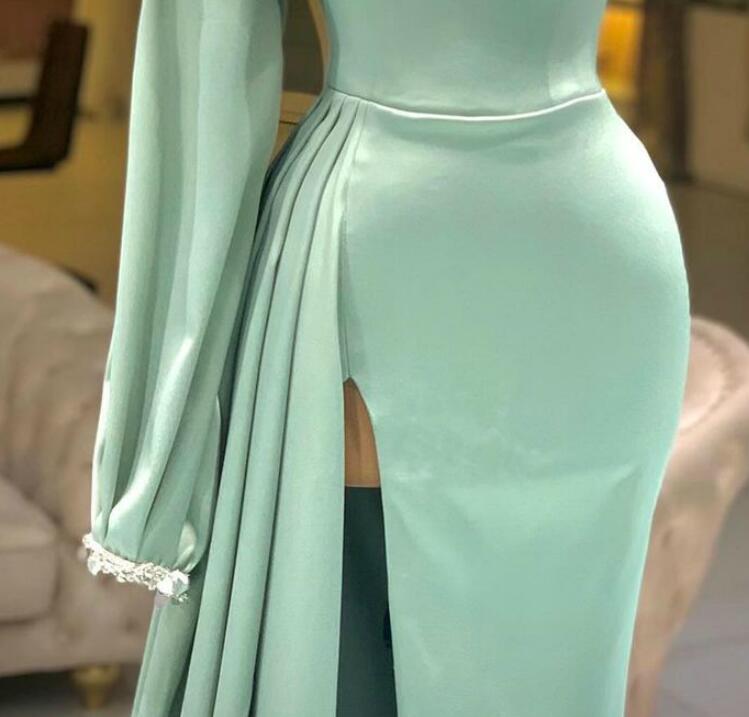 Aso Ebi 2021 Arabic Mint Sexy Sheath Evening Dresses Beaded Crystals Prom Dresses High Split Formal Party Second Reception Gowns ZJ206