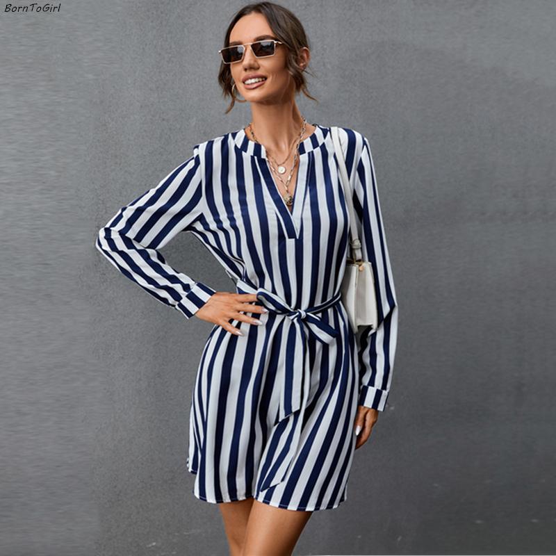 Casual Dresses BornToGirl 2021 Autumn Chiffon Shirt Dress Women Long Sleeve V Neck Blue White Striped Robe Femme, As picture
Casual Dresses BornToGirl 2021 Autumn Chiffon Shirt Dress Women Long Sleeve V Neck Blue White Striped Robe Femme, As picture