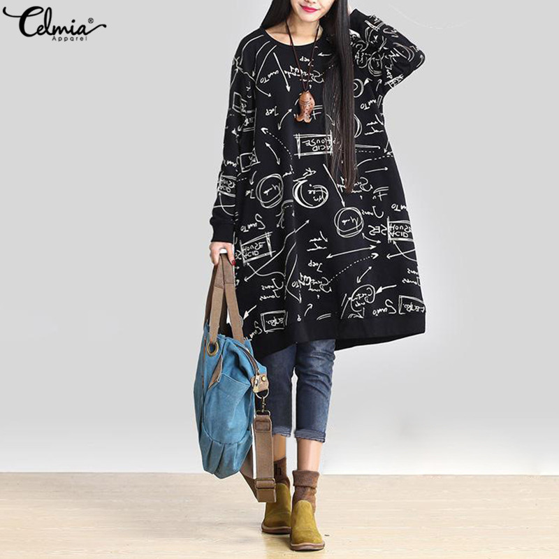 Celmia Vintage Winter Dress Women Long Sleeve Printed Vestido Female Autumn Casual Sweatshirt Dress Plus Size Pullover Vestidos 201008