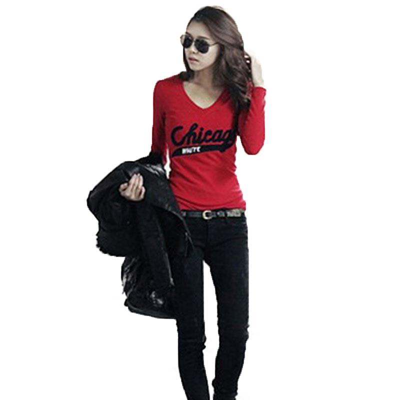 Red Women's t-shirts Korean Fashion Style Clothes Women 2021 Long Sleeve Slim V Neck T shirt for Women Casual Tops Female Tshirt 210302