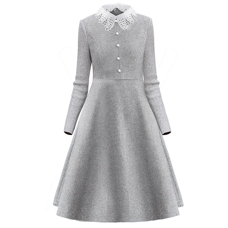 Only Plus Winter Woolen Vintage Grey Dress ALine Elegant Slim Lace Up Button Dresses Warm Office Lady Knee Female Vestidos 210303