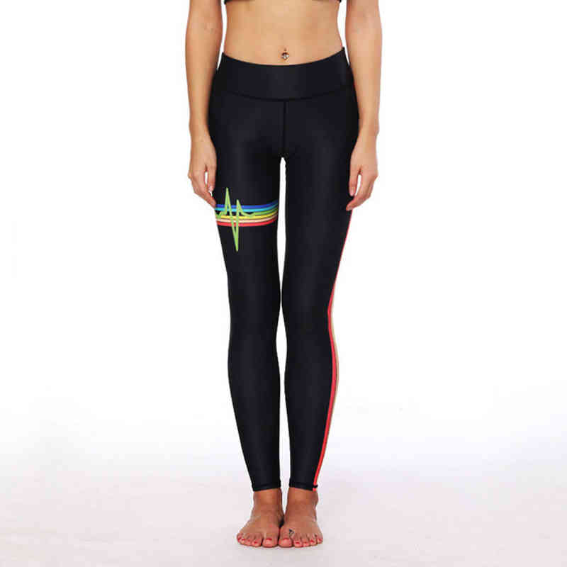 Rainbow Striped Polyester Leggings Casual Black Sporting Elastic Force Breathable For Women 211215