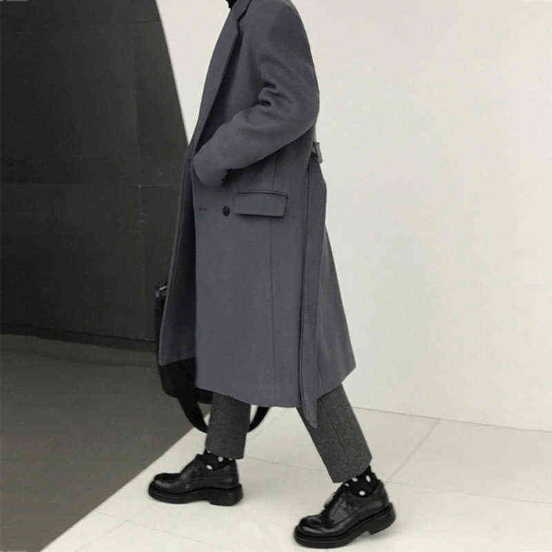 IEFB Men's Winter Middle Long Korean Trend Thickened Warm Woolen Coat Double Breasted Loose Business Style Fashion Windbreaker 211122