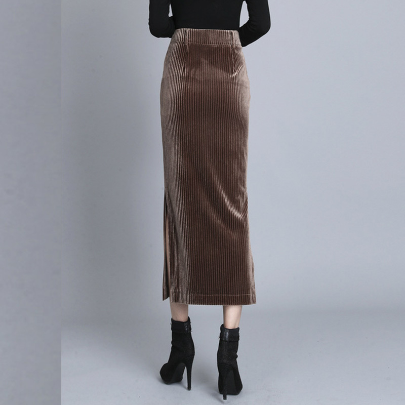 Plus Size Women Thick Corduroy Skirt Autumn Winter Vintage Pencil Side Slit Female Long Skirt High Waist Wrap Coffee Skirt 210309