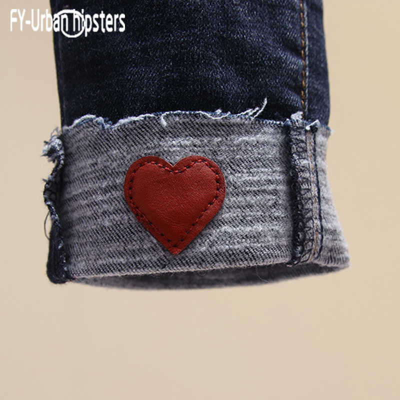 slim elastic jeans Pencil woman Cuffs Heartshaped patch women fashion mid waist feminina AnkleLength Pants 210922