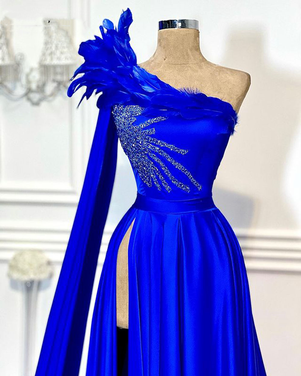 Royal Blue Long Evening Dresses A Line 2021 Elegant One Shoulder High Slit Luxury Beaded African Women Feather Formal Party Gowns Prom Dress