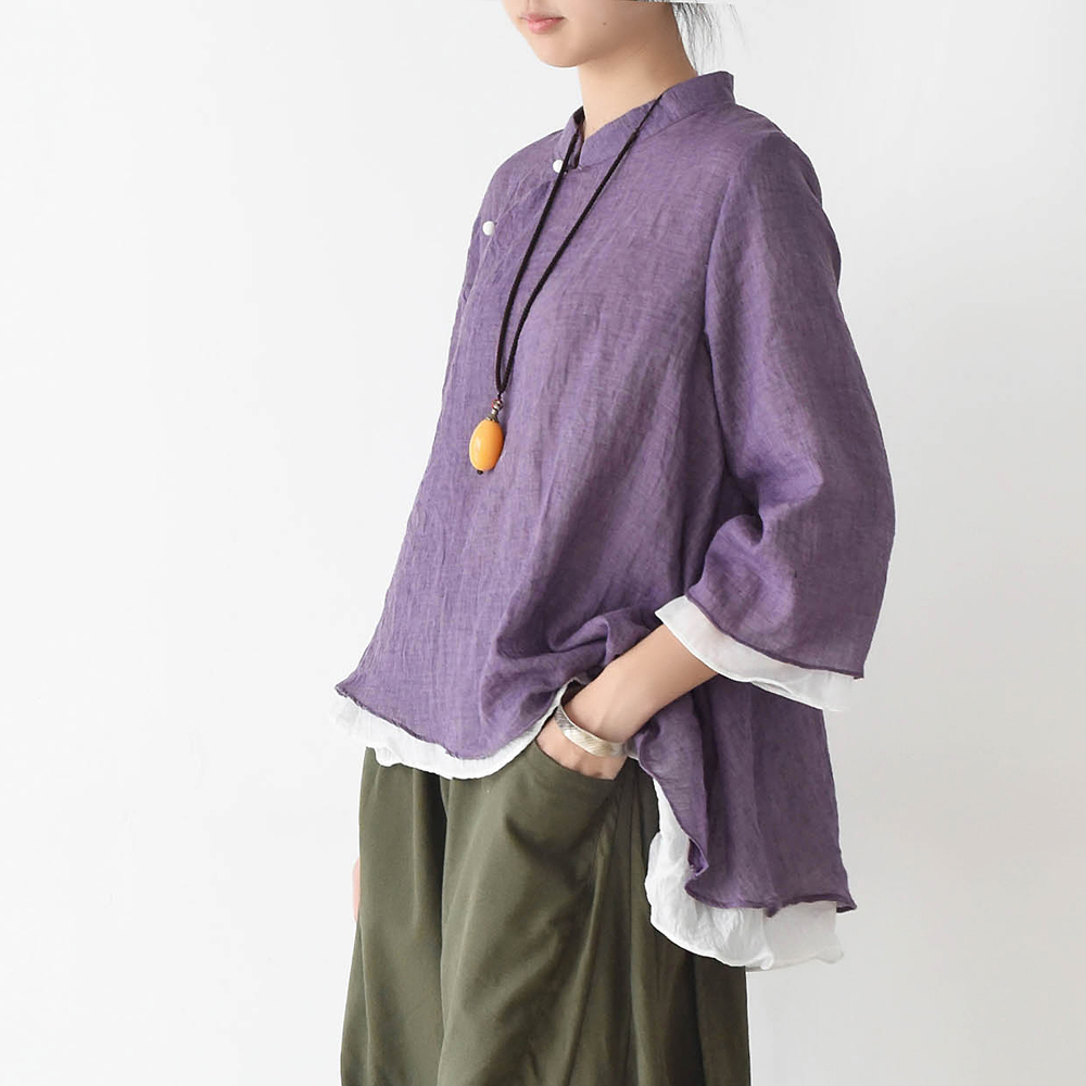 Johnature Women Chinese Style Shirts Stand Collar Casual Blouses Spring Loose Vintage Tops Brief Irregular Shirt 210308
