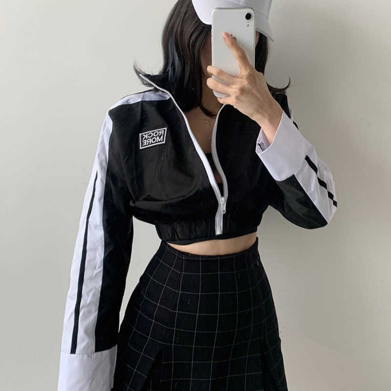 WOMENGAGA Loose Casual Fashion Sports Letter Embroidery Color Matching Zipper Open Navel Bomber Jacket Top WDVJ 210603