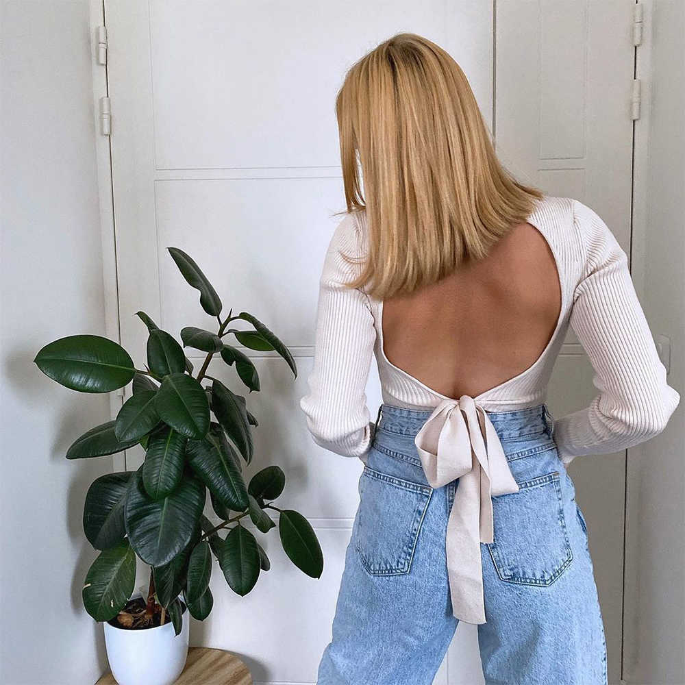 Women Backless Knit Sweater High Neck Long Sleeves Casual Fashion Chic Lady Woman Sweaters Pullovers Tops 210914
