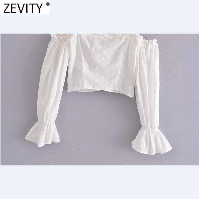 Zevity Women Sexy Off Shoulder Floral Embroidery Sling Smock Blouse Female Pleat Ruffles Shirt Chic Crop Blusas Tops LS9366 210603