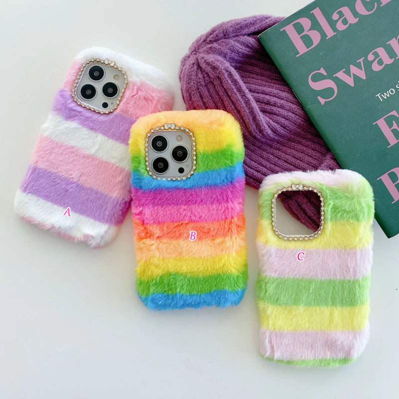 Rainbow Bling Diamond Fluffy Fur Phone Cases For Iphone 17 Air 16 15 14 13 Pro Max 12 11 X XS XR 8 7 6 Plus Iphone17 Soft TPU Cute Genuine Rabbit Hair