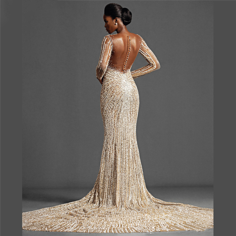 More Pearls Wedding Dresses White Mermaid Bridal Gown Long Sleeves Custom Made O Neck Back Button Floor Length Robe De Mariee