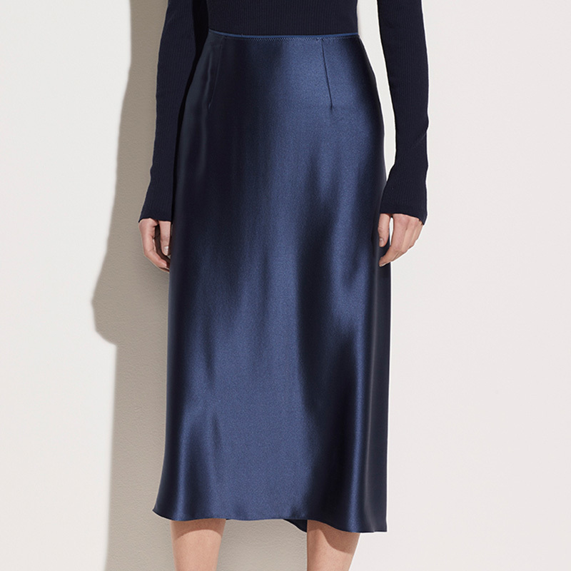 Vintage Korean Silky Satin Office Lady Skirts Elegant High Waist Mid-calf Long Soft Smooth Summer Autumn Skirts M30541 210309