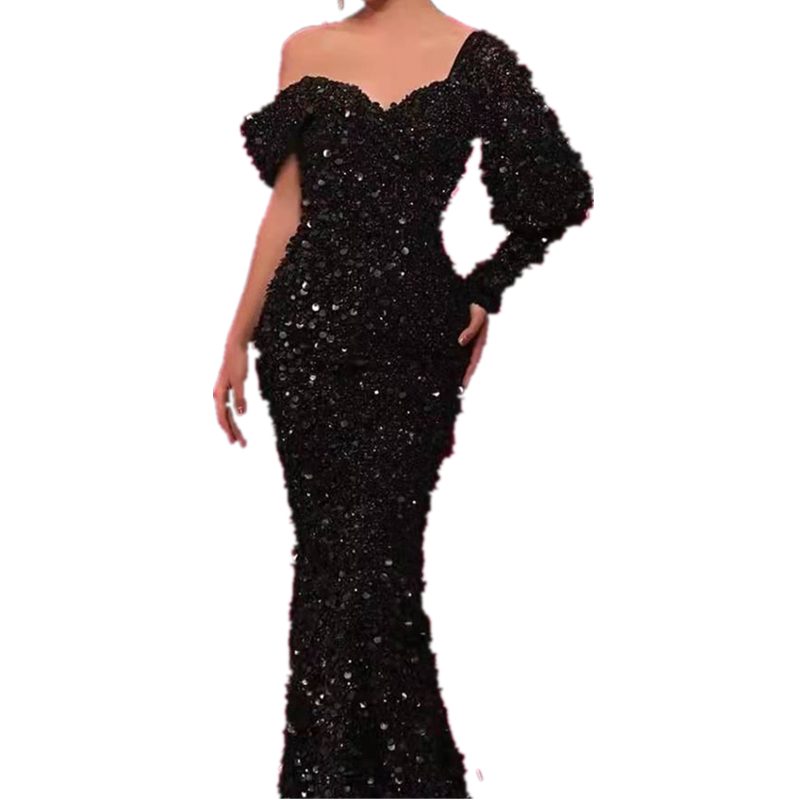 Aso Ebi 2022 Black Mermaid Sequined Evening Dresses Glitter Sparkly Long Formal Party Gowns Off Shoulder One Sleeve Prom dress Custom Made Robe de Sor