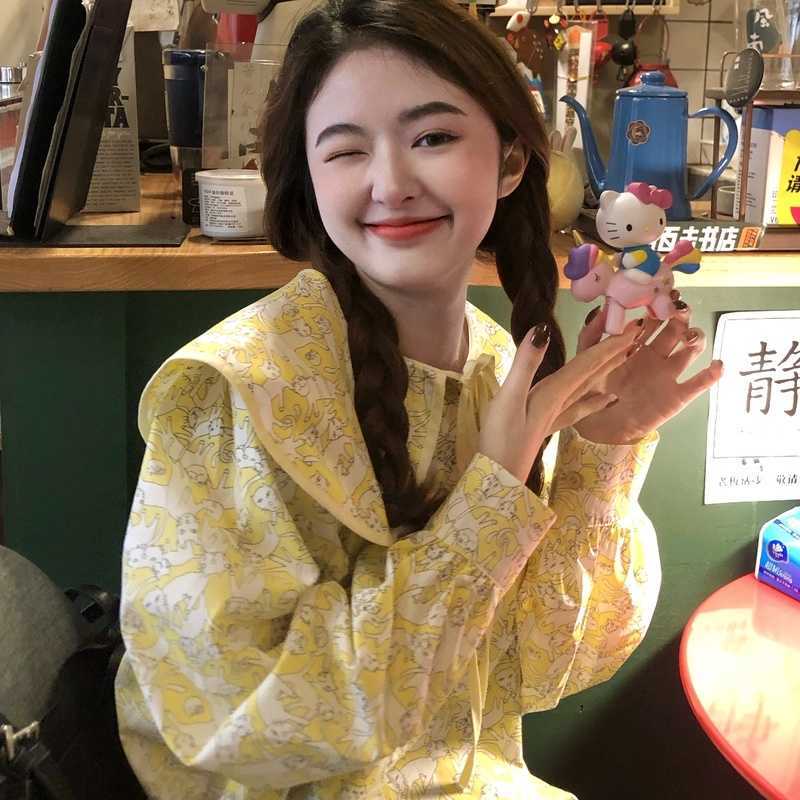 Korean Funny Cartoon Printed Blouse Tops Causal Long Sleeve Women Shirt Sweet Bow Tie Peter Pan Collar Blusas 6F830 210603