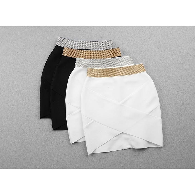 High Quality Red Black White Gold Silver Waist Rayon Mini Bandage Skirt Night Club Party Skirt 210309