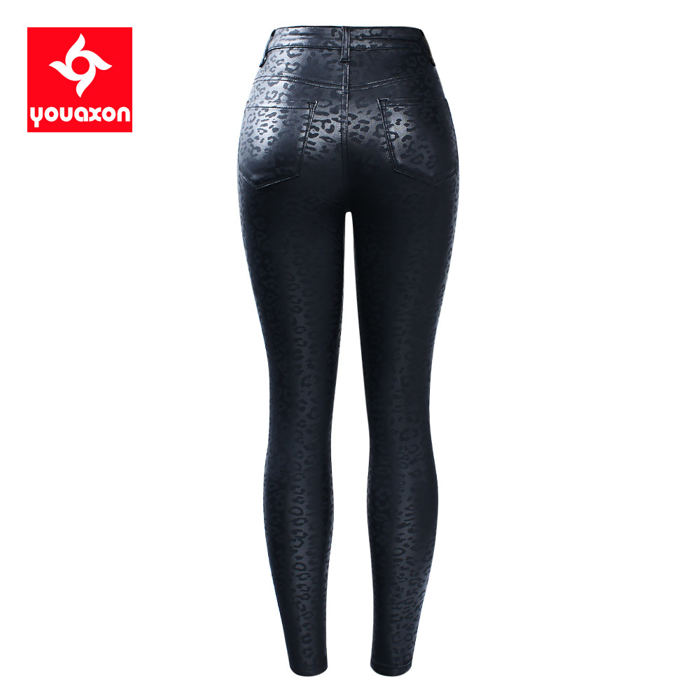 2218 Youaxon EU Size High Waist Black Leopard Pattern PU Jeans Woman Stretch Skinny Denim Jean Pants Plus Size Jeans For Women 210222