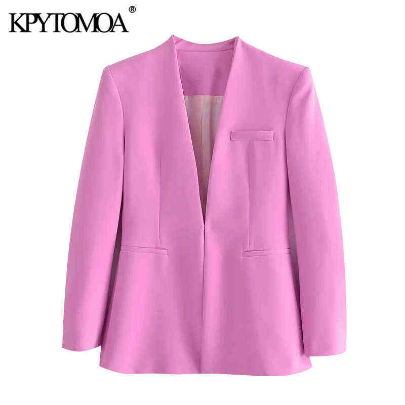 KPYTOMOA Women Fashion Office Wear Collarless Blazer Coat Vintage Long Sleeve Welt Pockets Female Outerwear Chic Veste 211122