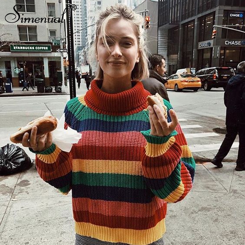Simenual Rainbow turtleneck sweaters women winter jumpers knitted clothes fashion striped oversized pullover female sale T200101